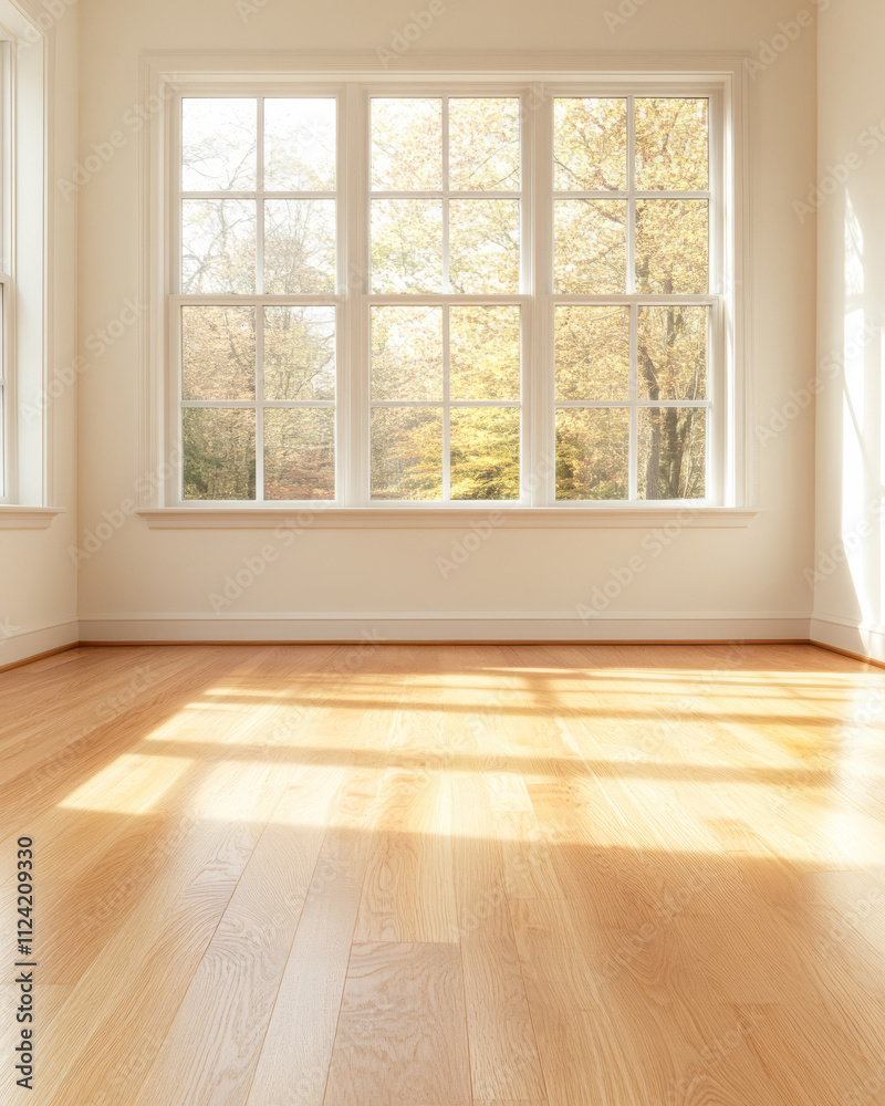 Bright and airy interior with large windows showcasing autumn landscape Bright and airy interior with large windows showcasing autumn landscape