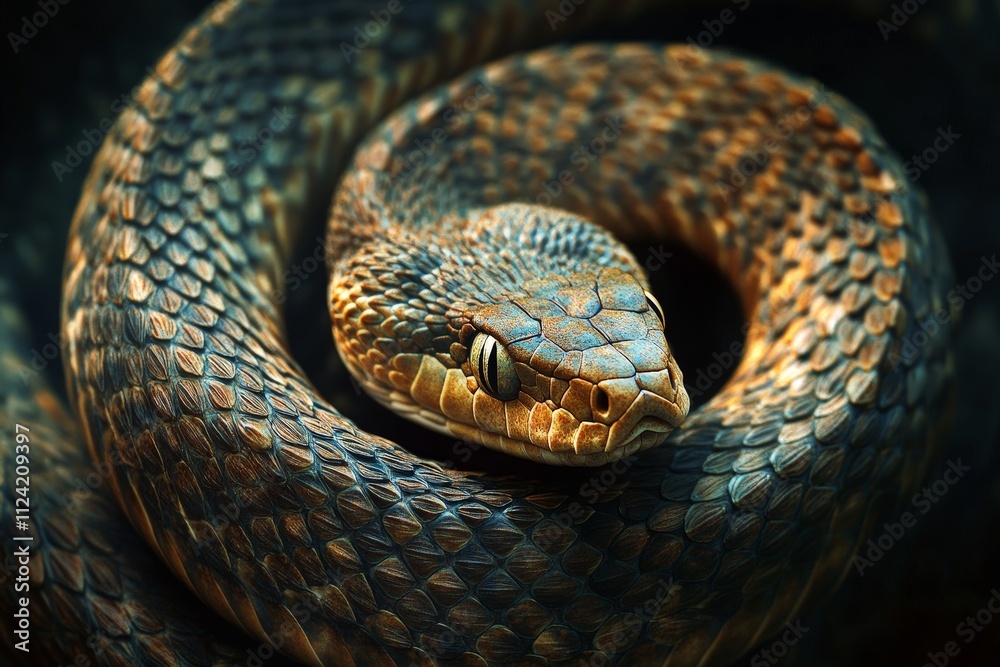A coiled snake, ready to strike, muscles tensed and eyes locked on its prey A coiled snake, ready to strike, muscles tensed and eyes locked on its prey