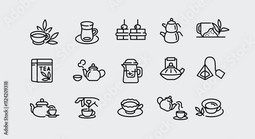 Tea icons. Set of 15 tea-themed minimal icons. Examples: Teapot, Cup, Bag, Box, Macaron. Perfect for web page, mobile app, and branding related to tea products. Vector illustration