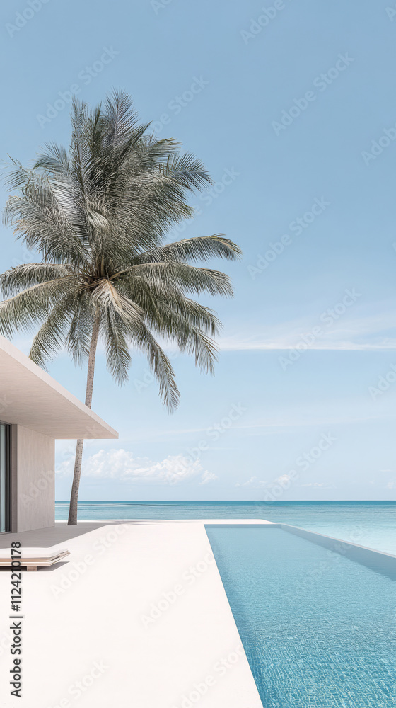 Fototapeta premium Luxurious beachfront villa with infinity pool and palm trees overlooking the ocean