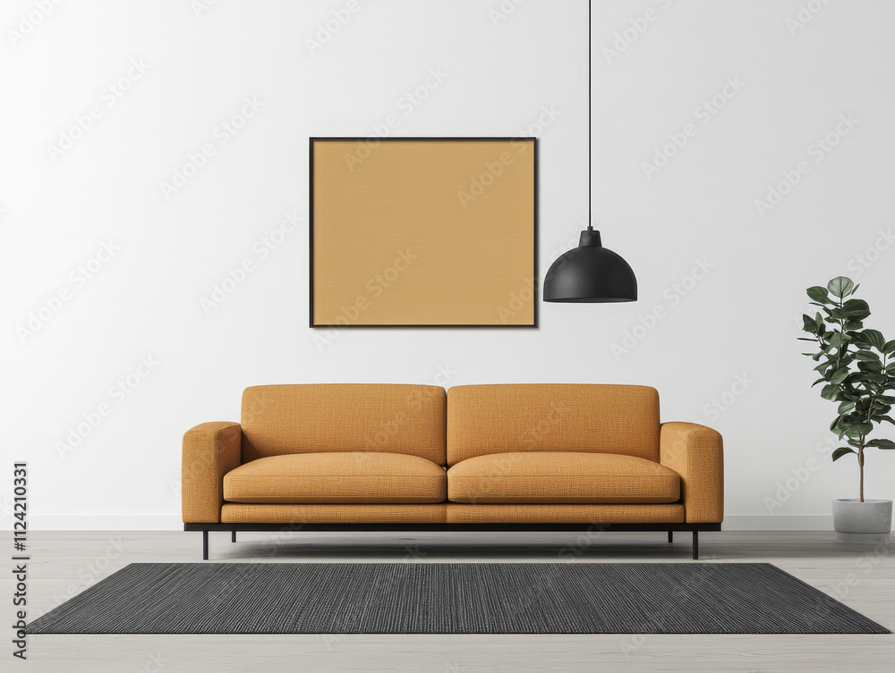Modern living room design with a vibrant orange sofa and minimalist decor Modern living room design with a vibrant orange sofa and minimalist decor
