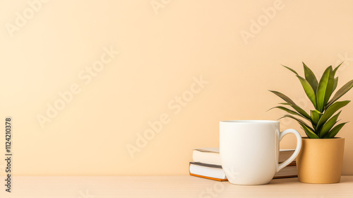 Wallpaper Mural Cozy workspace with a mug plant and stacked books on a cream background Torontodigital.ca