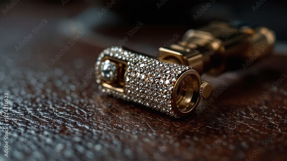 Gleaming golden accessory on textured leather, representing elegance and sophistication. Gleaming golden accessory on textured leather, representing elegance and sophistication.