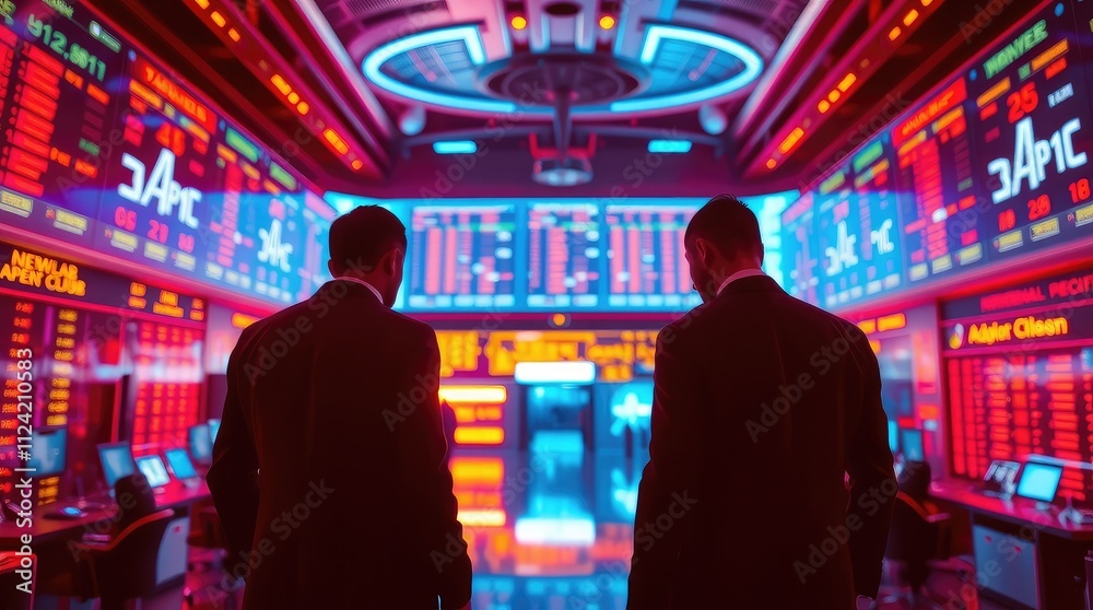 Two individuals in suits observe a vibrant stock market trading room filled with screens. Two individuals in suits observe a vibrant stock market trading room filled with screens.