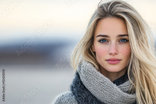 Young woman wearing a cozy scarf poses outdoors in a serene environment at sunset