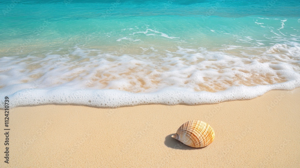 Shell on Sandy Beach with Calm Waves and Clear Blue Water Shell on Sandy Beach with Calm Waves and Clear Blue Water