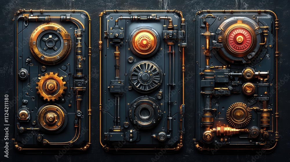 Steampunk Industrial Control Panels with Intricate Gears and Machinery Steampunk Industrial Control Panels with Intricate Gears and Machinery