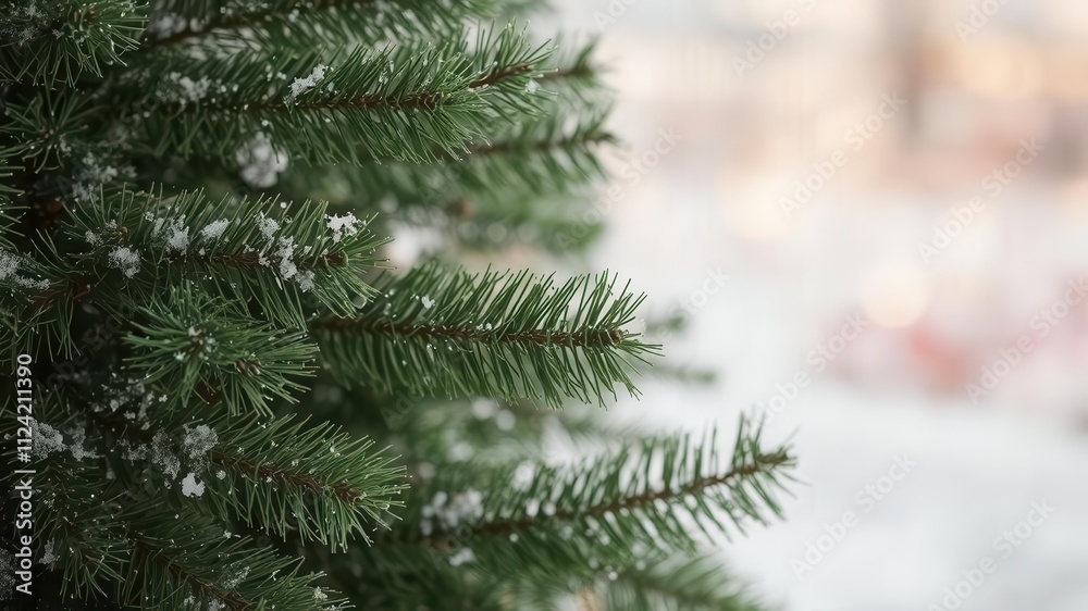 A close-up photo of green Christmas tree branches with a soft blur effect in the background, traditional, holiday, winter A close-up photo of green Christmas tree branches with a soft blur effect in the background, traditional, holiday, winter