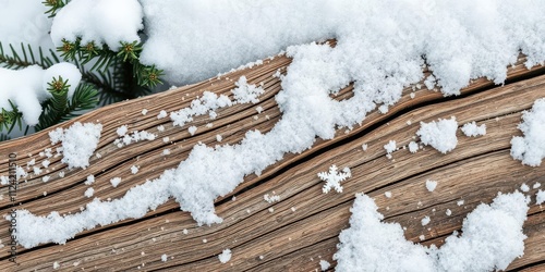 A close-up shot of weathered old wood texture covered in fresh snow, with a green firtree in the background, background, environment, weathered photo
