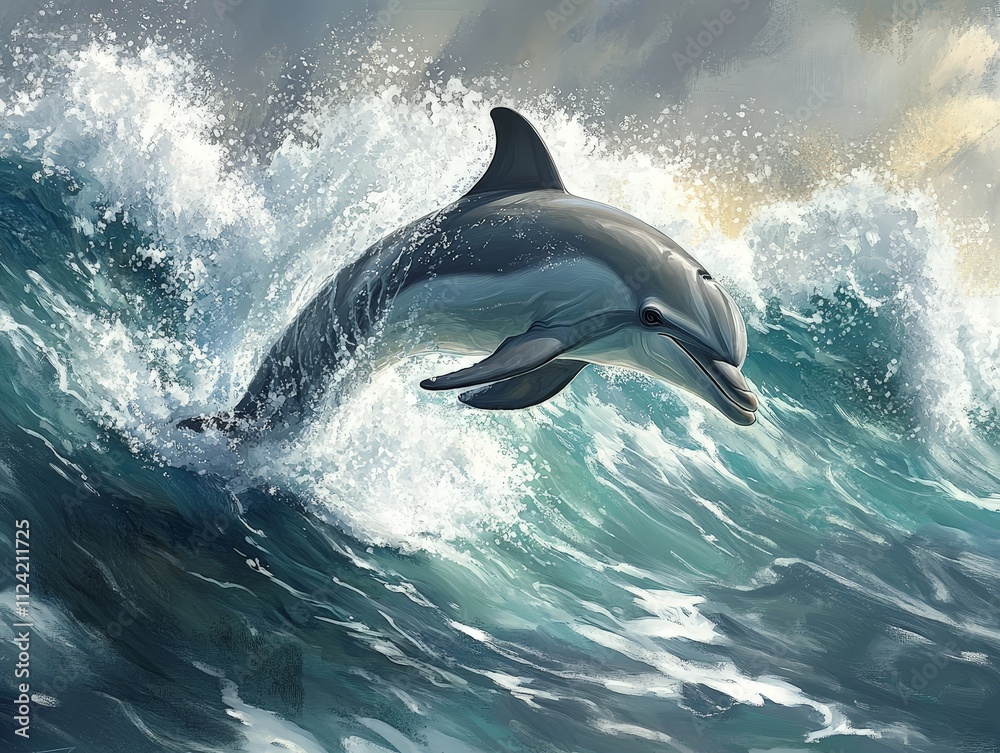 Fototapeta premium A dolphin playing in the waves, jumping in and out of the surf