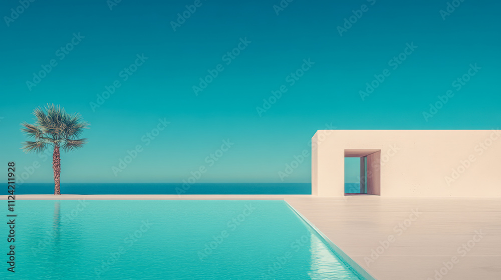Fototapeta premium Elegant modern poolside with serene ocean view and palm tree under bright blue sky