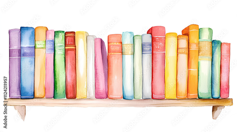 Bookshelf clipart filled with books of various sizes. watercolor illustration, Perfect for nursery art, simple clipart, single object, white color background Bookshelf clipart filled with books of various sizes. watercolor illustration, Perfect for nursery art, simple clipart, single object, white color background