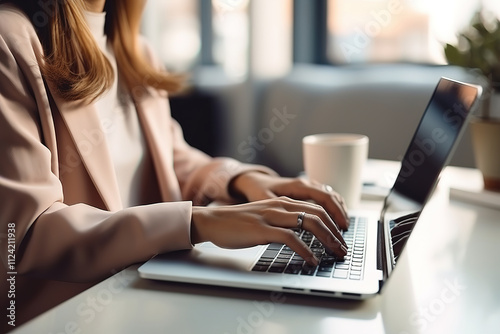 Dedicated woman at her desk using her laptop with hands close-up showcasing her work