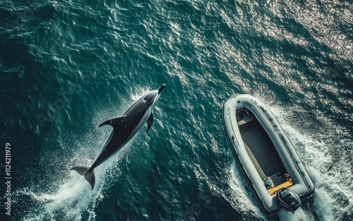 A dolphin swimming alongside a boat, its fin cutting through the water photo