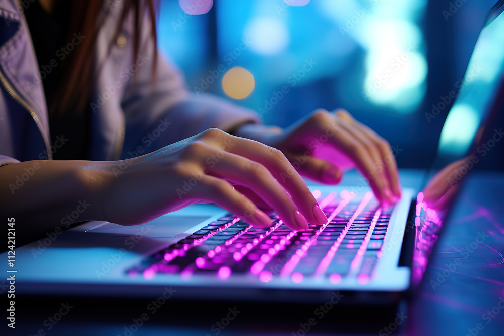 Hands moving swiftly over keyboard in striking purple and pink glow Hands moving swiftly over keyboard in striking purple and pink glow