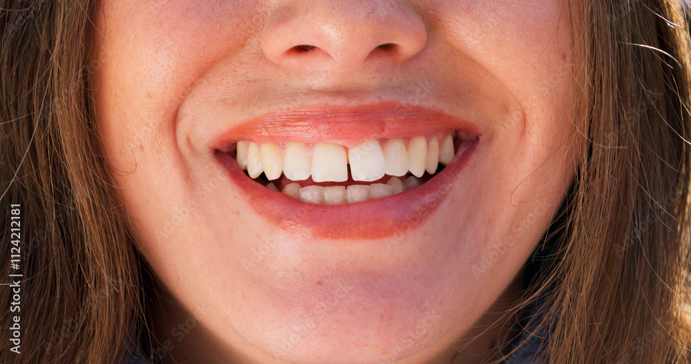 Happy, smile and closeup of woman in city with confidence, pride and joy outdoors for dental wellness. Facial expression, cheerful and mouth of person with beard for health, hygiene and oral care Happy, smile and closeup of woman in city with confidence, pride and joy outdoors for dental wellness. Facial expression, cheerful and mouth of person with beard for health, hygiene and oral care