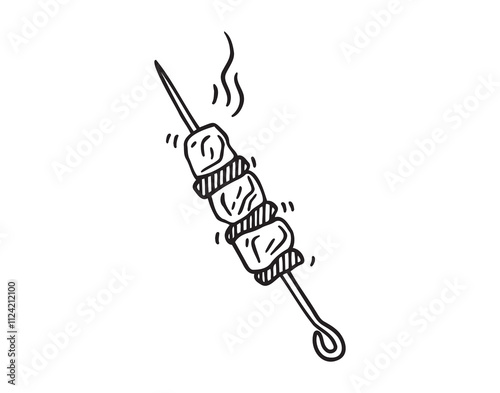 barbecue in skewer doodle hand drawn icon. Outline drawing kebab line clipart symbol