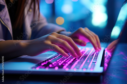 Hands moving swiftly over keyboard in striking purple and pink glow