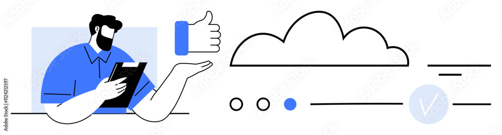 Business professional holding tablet gives thumbs up near cloud, signifying efficient data management and approval. Ideal for business, technology, cloud storage, data analysis, management, remote Business professional holding tablet gives thumbs up near cloud, signifying efficient data management and approval. Ideal for business, technology, cloud storage, data analysis, management, remote