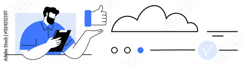 Business professional holding tablet gives thumbs up near cloud, signifying efficient data management and approval. Ideal for business, technology, cloud storage, data analysis, management, remote