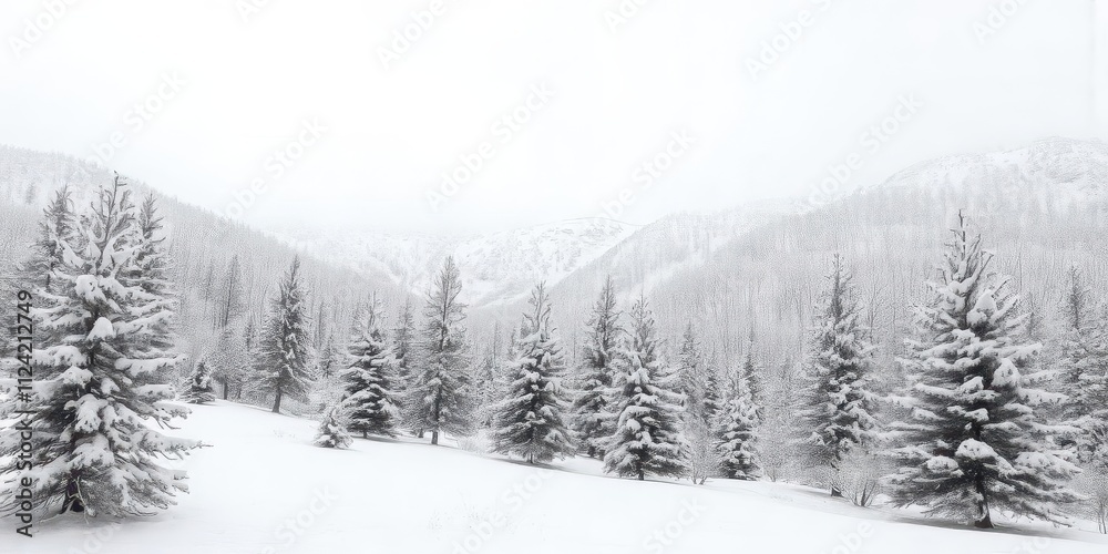 A serene landscape of pure white snow covering the ground, trees, and mountains in a winter wonderland setting, wilderness, serene, nature A serene landscape of pure white snow covering the ground, trees, and mountains in a winter wonderland setting, wilderness, serene, nature