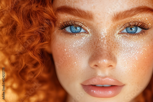 A stunning woman flaunts her vibrant red curls, captivating blue eyes, and shimmering makeup that enhances her beauty photo