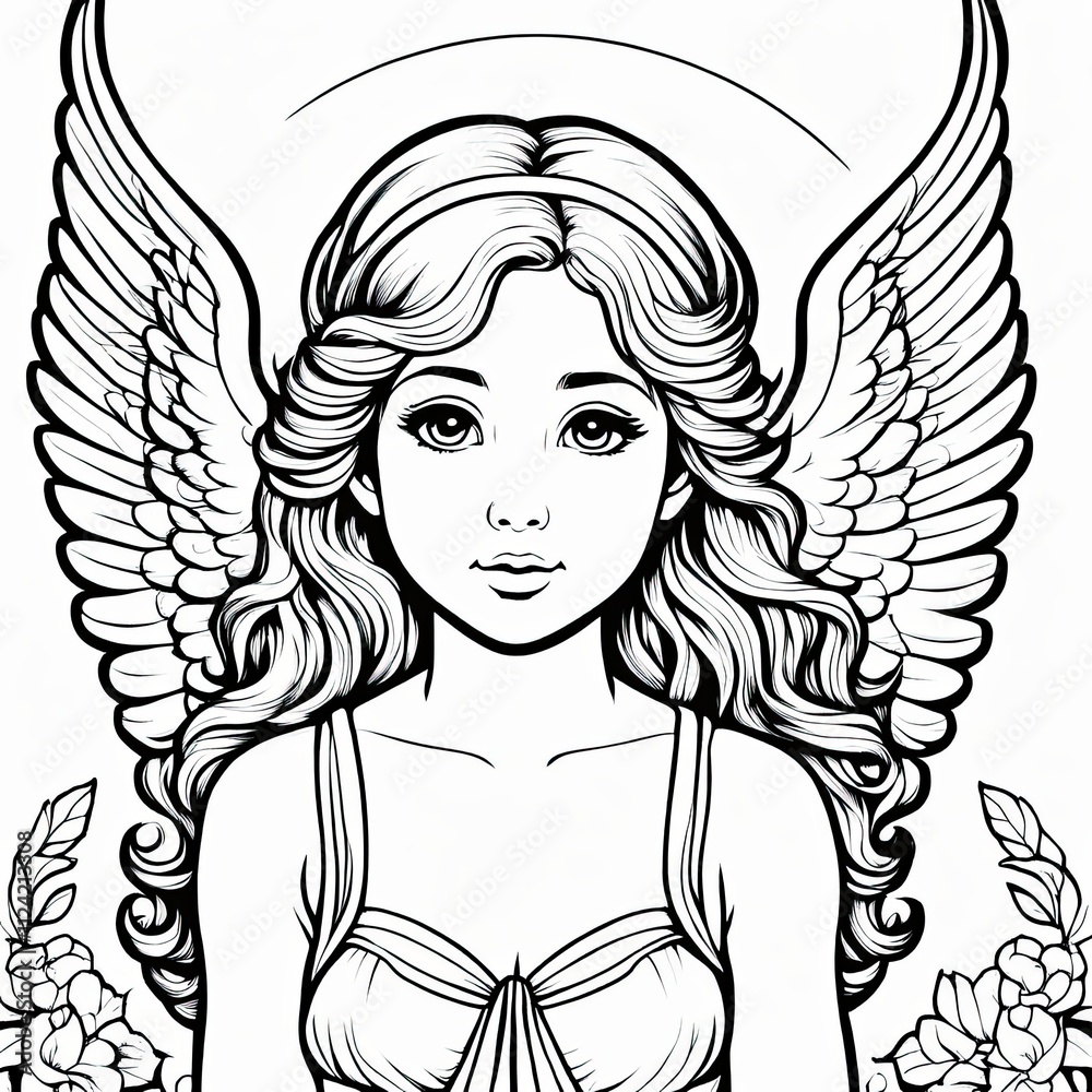 A beautifully detailed black-and-white line art illustration of a serene angel with flowing hair, majestic wings, and a halo, surrounded by floral elements. Perfect for coloring A beautifully detailed black-and-white line art illustration of a serene angel with flowing hair, majestic wings, and a halo, surrounded by floral elements. Perfect for coloring