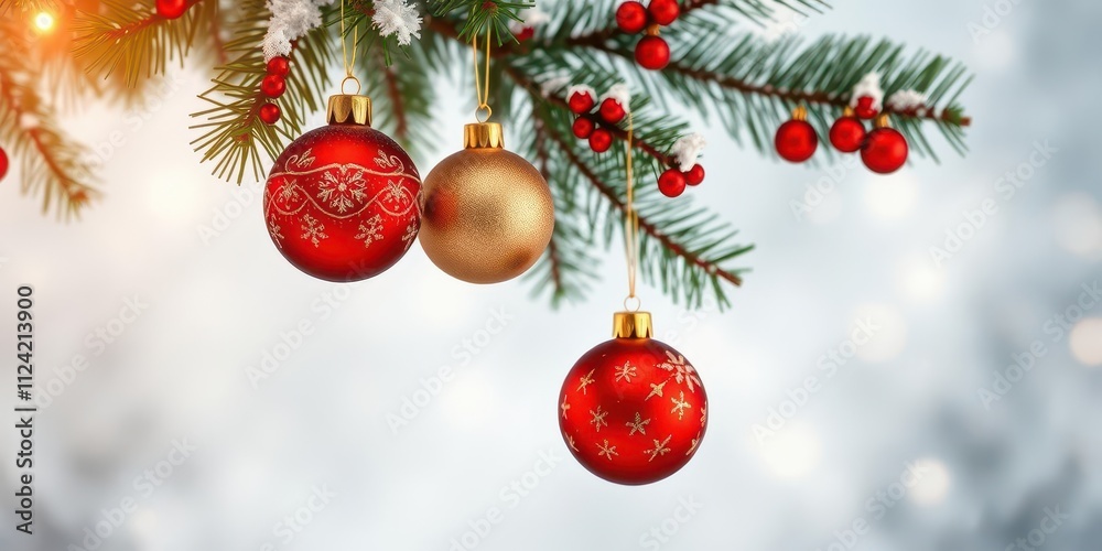 Christmas background with three shiny red and gold Christmas baubles hanging on a festive tree branch, holiday, decorations, gold Christmas background with three shiny red and gold Christmas baubles hanging on a festive tree branch, holiday, decorations, gold