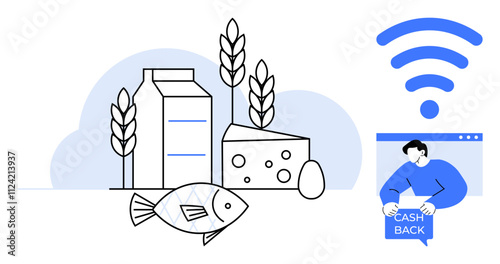 Milk carton, cheese, fish, egg, wheat plants, and a person accessing cashback online. Ideal for digital grocery shopping, customer loyalty programs, online rewards, food products, healthy eating