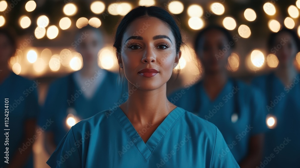 Naklejka premium Dedicated healthcare personnel in scrubs standing united under a warm, glowing light, embodying hope and teamwork.