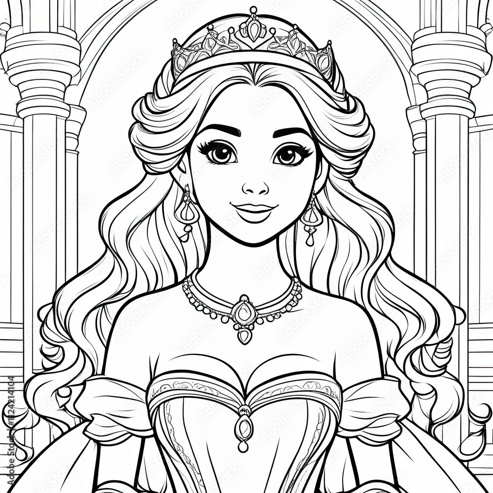A stunning black-and-white line art illustration of a regal princess with flowing hair, wearing an elegant gown and tiara, set against a fairy tale castle background with ornate floral details A stunning black-and-white line art illustration of a regal princess with flowing hair, wearing an elegant gown and tiara, set against a fairy tale castle background with ornate floral details