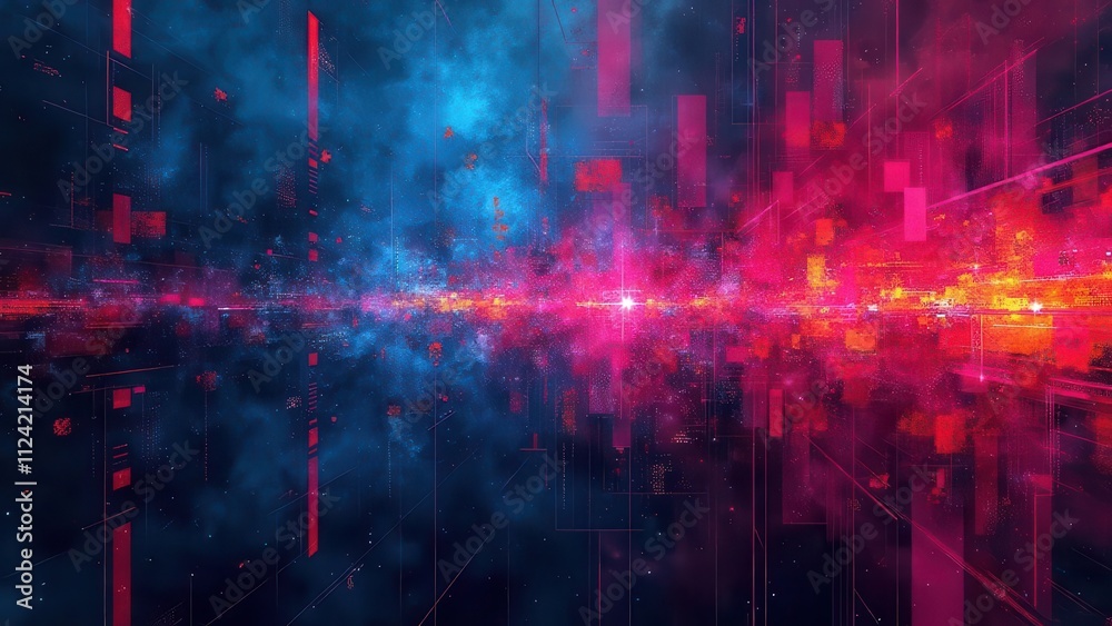 Obraz premium Light ripple distortions. Cyberpunk-inspired abstract background with vibrant neon grids and subtle digital interference patterns, High clarity, noise-free, 4K, UHD