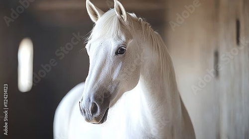 Close-up portrait of a white horse with a braided mane, standing gracefully in a stable, showcasing its expressive eyes and elegant features, highlighting the beauty of equine animals. photo