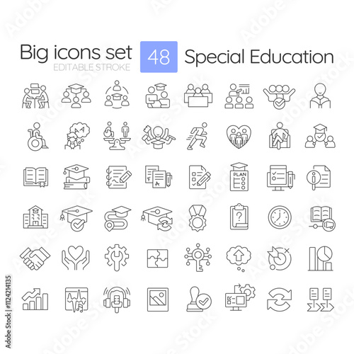 Special education linear icons set. Inclusive learning program for students with needs. School accessibility. Customizable thin line symbols. Isolated vector outline illustrations. Editable stroke