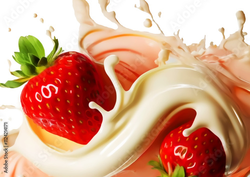 Strawberry in milk splash isolated on white background close up macro photo