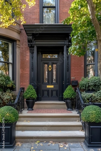 Black front door with a gold knocker, surrounded by elegant bushes and black planters on the sides of the entrance to a classic house in Boston, USA