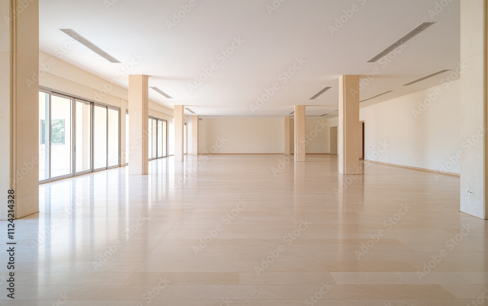 Obraz premium Spacious empty interior showcasing polished flooring and abundant natural light