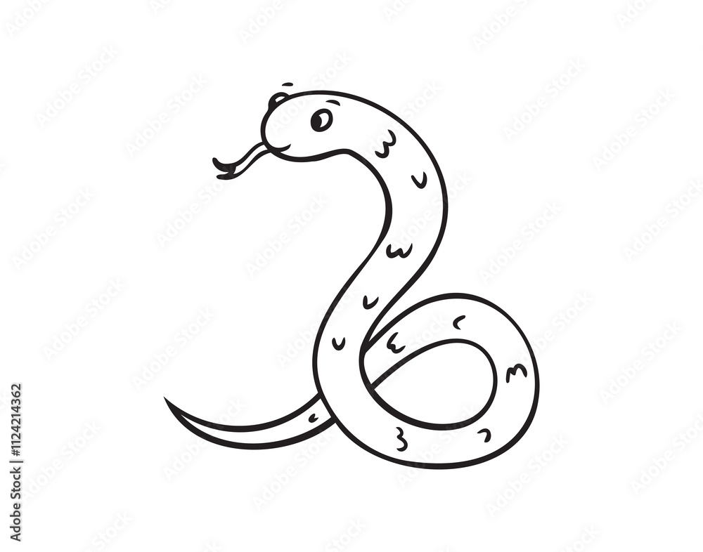 Naklejka premium Hand drawn cute outline simple snake children coloring book. Kind doodle snake smile isolated on white background.