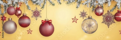 Christmas ornaments in a variety of shapes and designs, hanging elegantly against a gold isolated background, gleaming, holiday, adornment