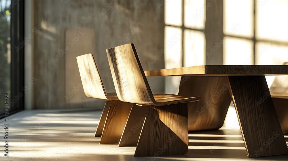Sunlight illuminates minimalist wooden dining table and chairs in modern interior.