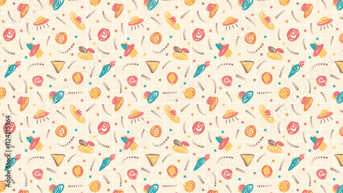 Cute cosmos brush line hand drawn pattern background design