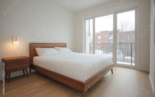 Modern bedroom with large windows and wooden furniture in a snowy setting