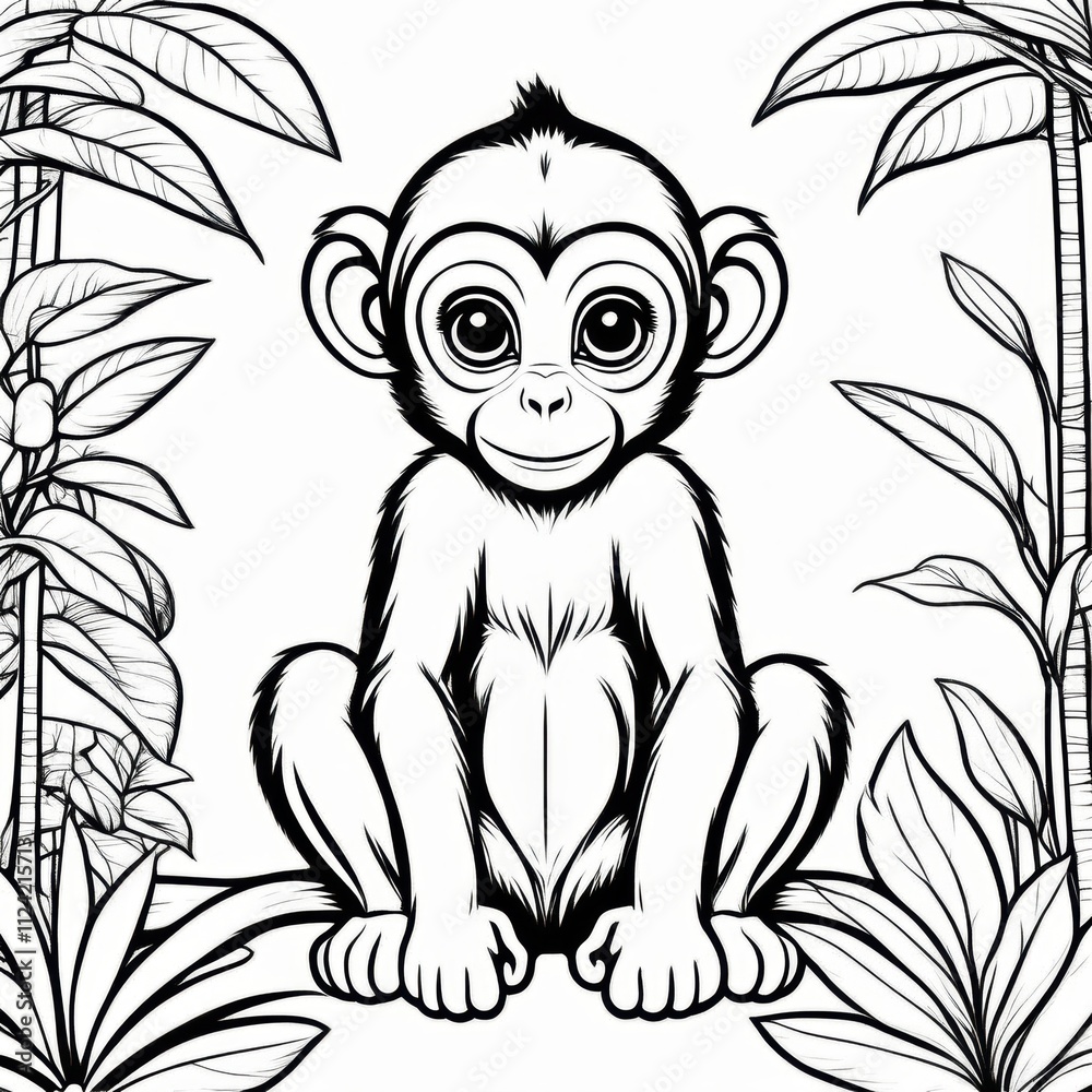 A delightful black-and-white line art illustration of a cute baby monkey sitting on a branch, surrounded by lush jungle leaves. Perfect for coloring, animal-themed designs, and children’s projects. A delightful black-and-white line art illustration of a cute baby monkey sitting on a branch, surrounded by lush jungle leaves. Perfect for coloring, animal-themed designs, and children’s projects.