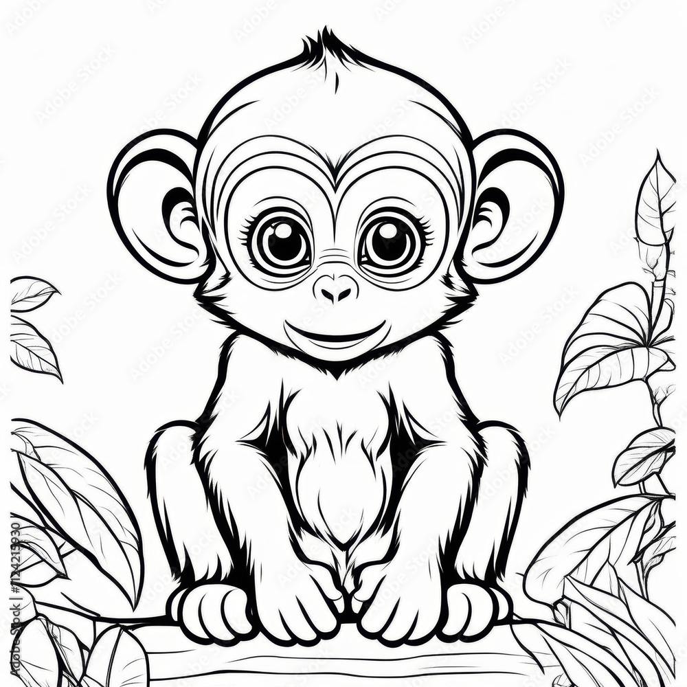 Fototapeta premium A delightful black-and-white line art illustration of a cute baby monkey sitting on a branch, surrounded by lush jungle leaves. Perfect for coloring, animal-themed designs, and children’s projects.
