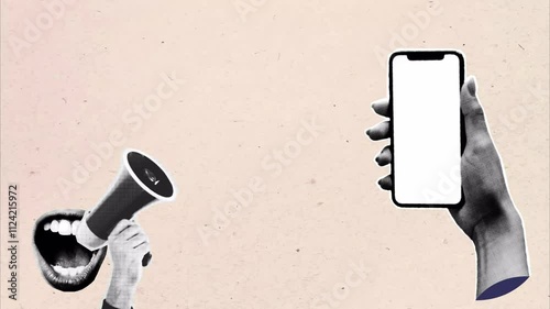 blank phone Trendy pop art collage search concept.	