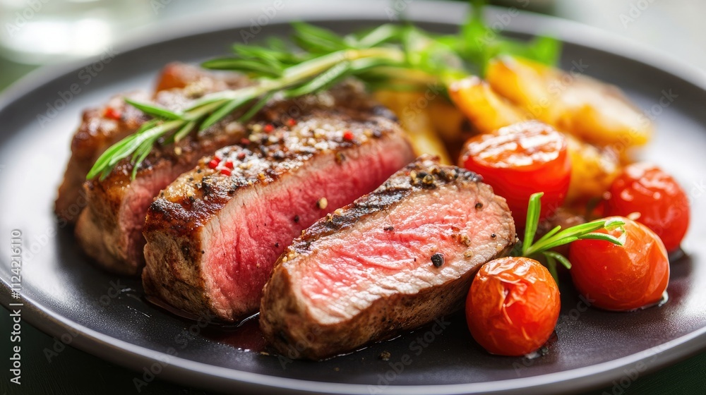 Sliced grilled steak with roasted potatoes and cherry tomatoes. Sliced grilled steak with roasted potatoes and cherry tomatoes.