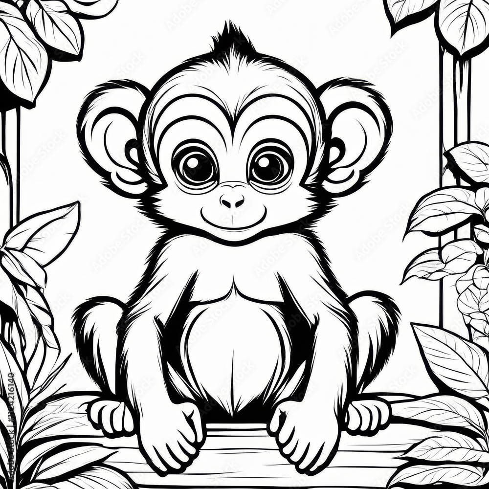 Obraz premium A delightful black-and-white line art illustration of a cute baby monkey sitting on a branch, surrounded by lush jungle leaves. Perfect for coloring, animal-themed designs, and children’s projects.