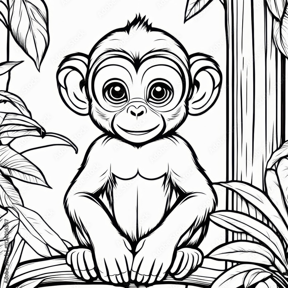 Fototapeta premium A delightful black-and-white line art illustration of a cute baby monkey sitting on a branch, surrounded by lush jungle leaves. Perfect for coloring, animal-themed designs, and children’s projects.