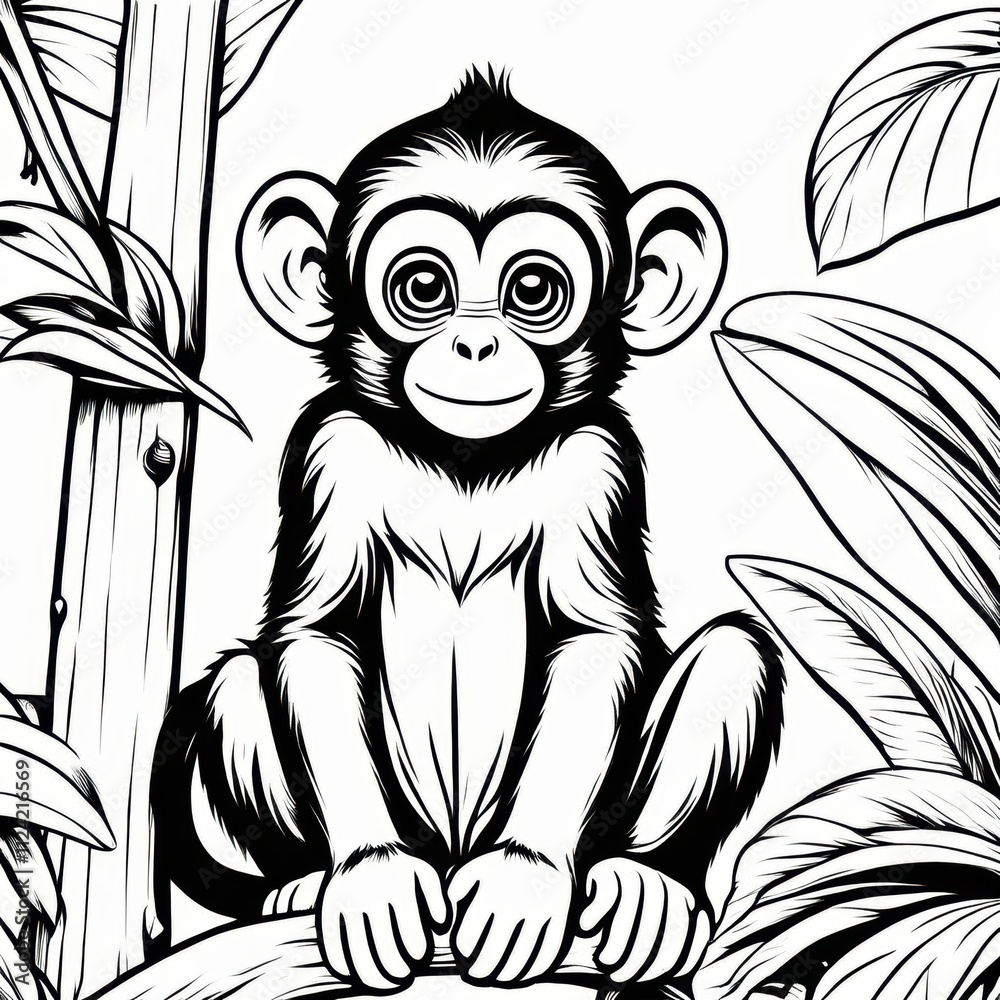 Obraz premium A delightful black-and-white line art illustration of a cute baby monkey sitting on a branch, surrounded by lush jungle leaves. Perfect for coloring, animal-themed designs, and children’s projects.