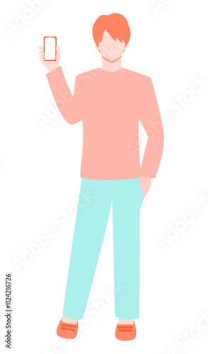 Full-body illustration of a young man holding up a smartphone in his hand.